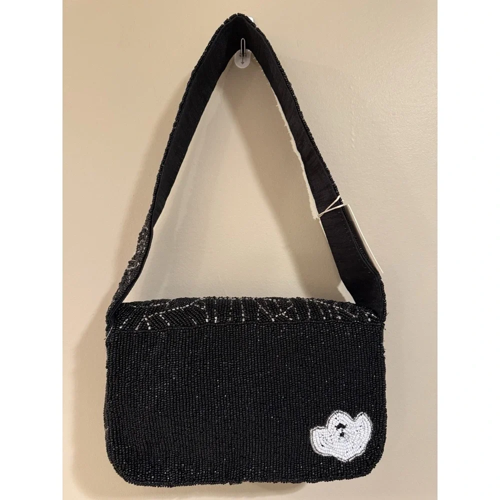 Sol & Mer Halloween Ghost Beaded Shoulder Bag Purse Black White VIRAL NWT